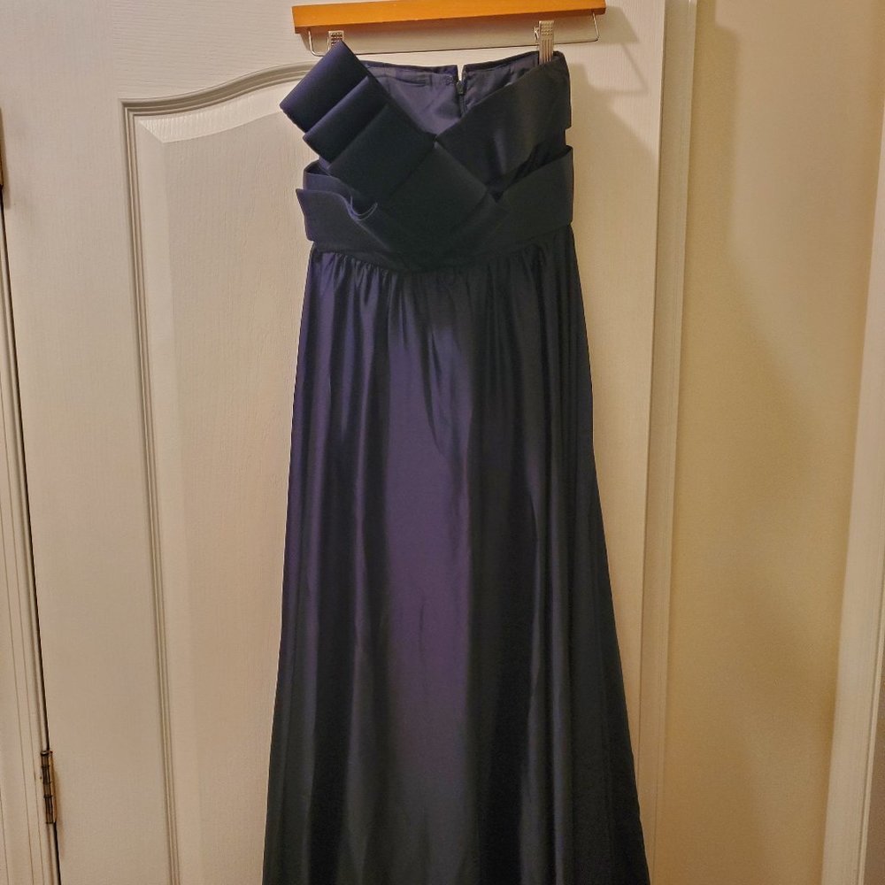 Blue size 2 strapless gown with bow front.